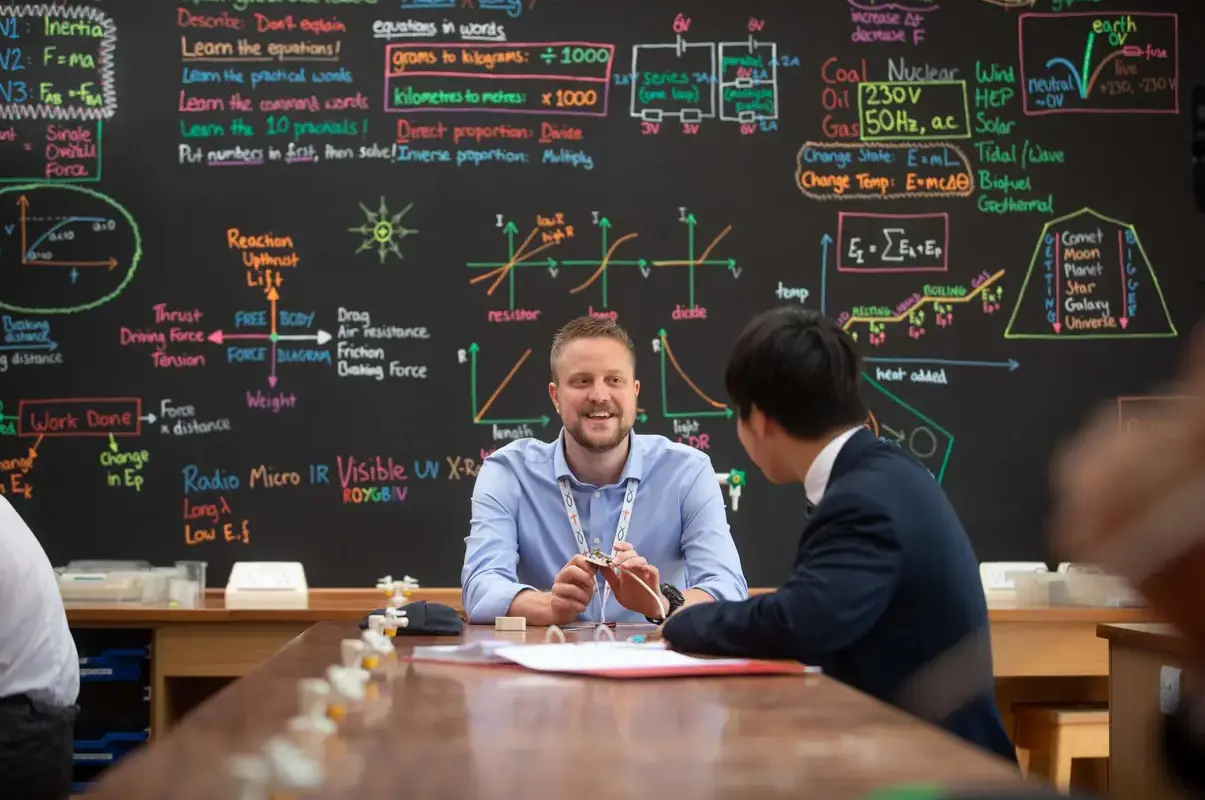 Pocklington School pupil and teacher in Physics classroom with colourful blackboard behind